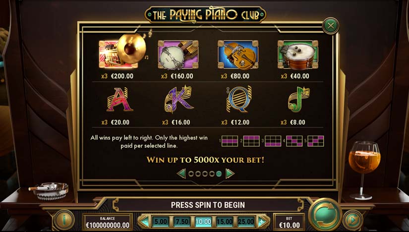 the paying piano club slot feature symbols