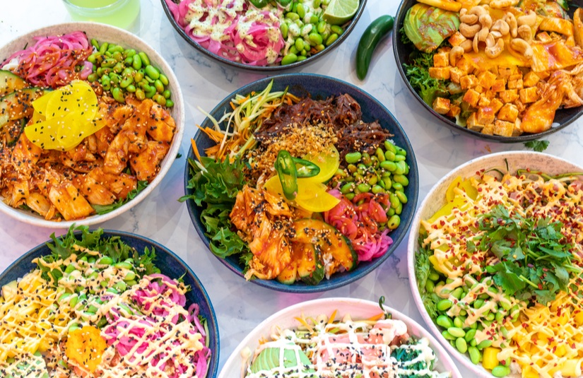 Poke bowls of different seafood